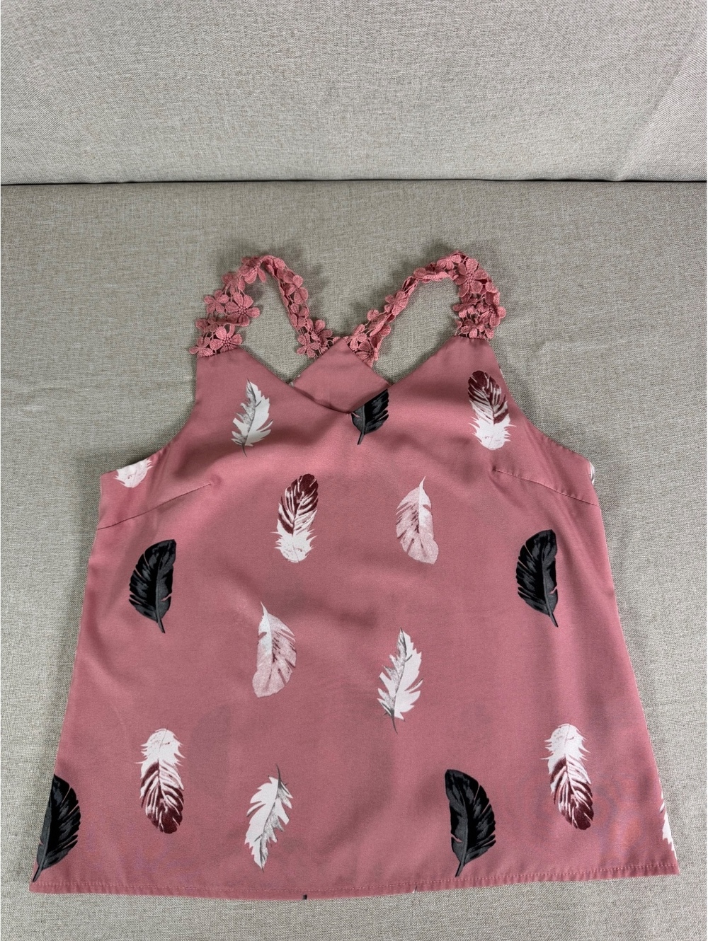 SHEIN Women's Pink Feather Print Sleeveless Top with Floral Straps, Size M